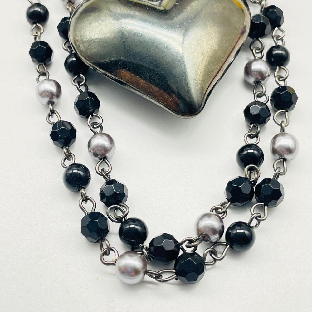 Heart Pendant Necklace Black Beaded Chain Silver Tone Long Fashion Jewelry - Picture 7 of 7